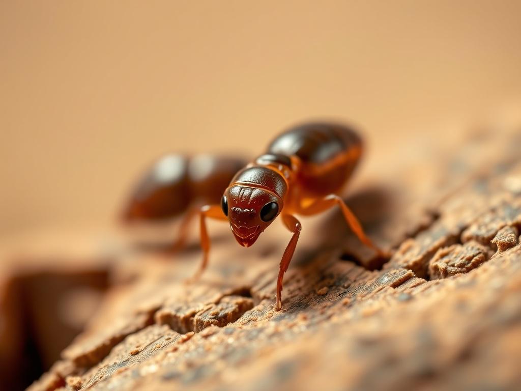 A hyper-realistic close-up shot of a termite on a piece of wood, showcasing the intricate details of its body. The background is softly blurred to emphasize the termite, with natural wood grain textures visible to provide context. The lighting is warm and inviting, highlighting the termite's features. The image should be captured with a 45mm f/1.2 lens style to achieve a shallow depth of field and create a striking visual effect, while the overall color scheme aligns with the rgb(226, 1, 1) primary color.