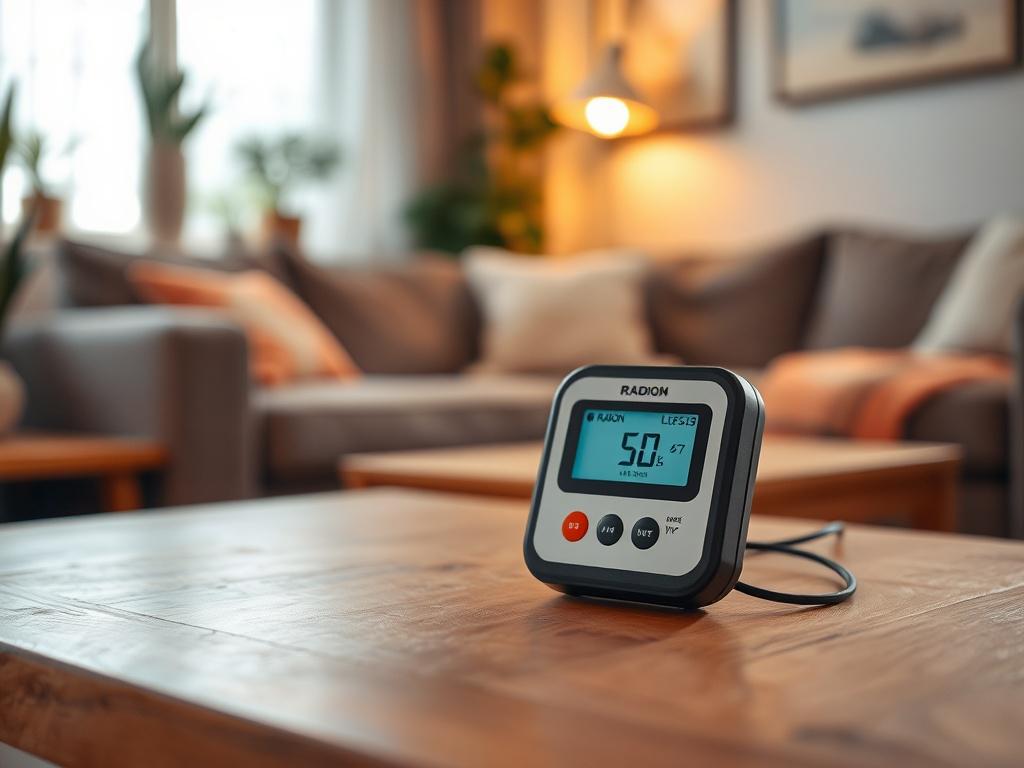 A hyper-realistic close-up shot of a radon testing device placed on a wooden table in a well-lit living room. The device should be the single subject, clearly showing its screen displaying radon levels. In the background, soft-focused elements of a cozy home environment can be seen, such as a sofa and indoor plants, providing a warm and inviting atmosphere. The image should be captured with a 45mm f/1.2 lens style, emphasizing the clarity of the device against a blurred background.