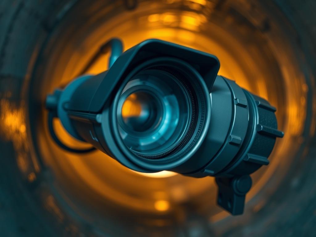 A close-up shot of a sewer camera inspecting a pipe, showcasing the detailed view of the pipe's interior. The camera should be positioned at an angle that highlights any possible damages or blockages within the sewer line. The background should be blurred to focus on the camera and pipe, with warm lighting reflecting the inside of the pipe. The image should have a realistic high-resolution quality, capturing intricate details, and compatible with the rgb(226, 1, 1) primary color.