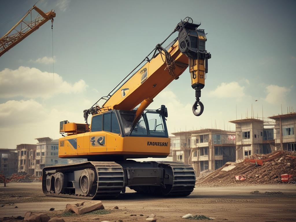 A hyper-realistic image of a Telescopic Crane in action at a construction site. The crane should be shown in a close-up perspective, emphasizing its long extendable boom and operational features. The background features a partially constructed building, illustrating its high-reach capabilities. The image should be vibrant and detailed, capturing the essence of construction work.