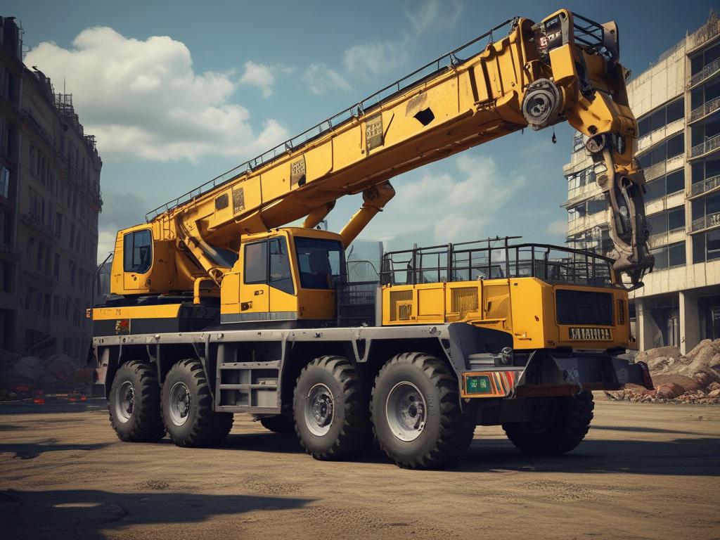 A detailed high-resolution image of an All-Terrain Crane operating on a rugged construction site. The crane should be depicted in a close-up view, showcasing its robust wheels and advanced features. The background should feature varying terrain, including rocks and soil, highlighting its versatility. The image captures the crane's dynamic presence in a realistic manner.