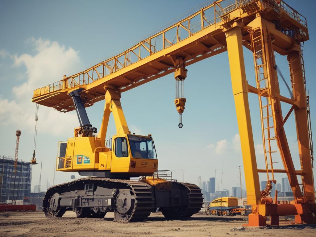 A hyper-realistic image of a Heavy Lifting Crane positioned prominently on a construction site. The crane should be shown in a close-up perspective, emphasizing its strong, robust structure and intricate details. The background features a clear blue sky and distant construction elements, creating a vibrant context. The image should be rendered in high-resolution with a focus on realism.