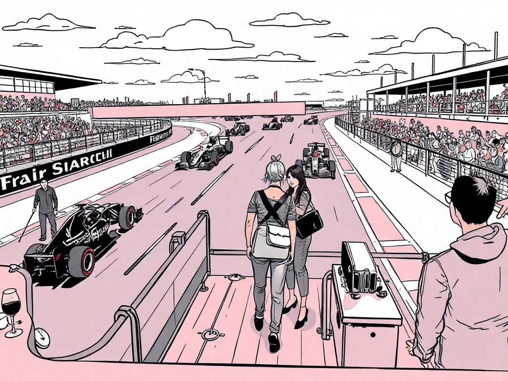 A dynamic illustration of a Formula 1 race with cars speeding on the track, accompanied by cheering crowds and a vibrant atmosphere. The foreground should depict VIP guests enjoying the race from an exclusive viewing area, with a luxurious setup that showcases the excitement of the event.