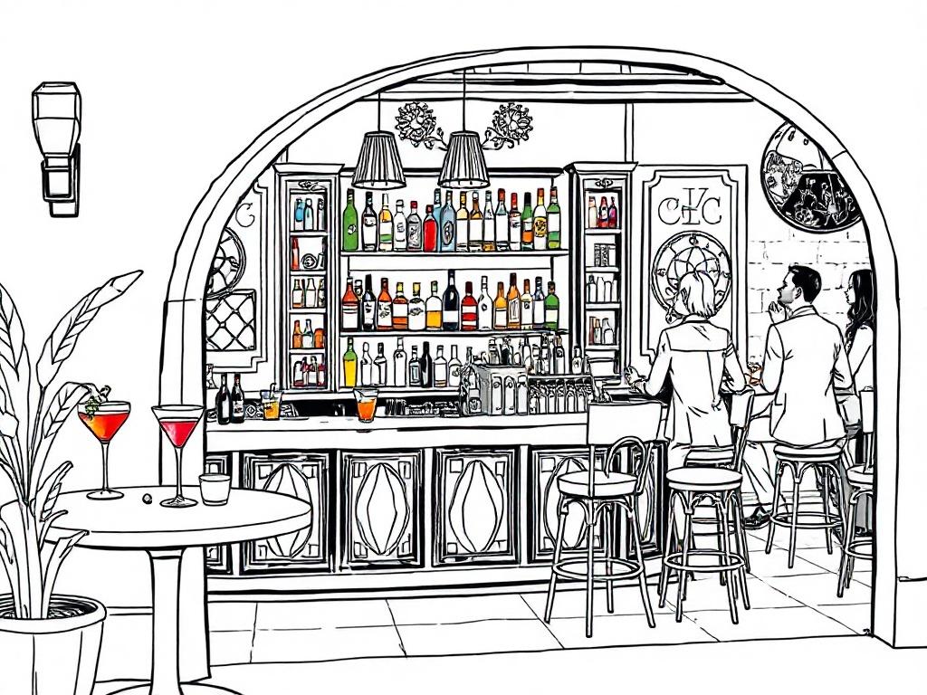 An illustration of a hidden cocktail bar with an inviting entrance, showcasing stylish decor and sophisticated ambiance. The bar counter is adorned with an array of colorful cocktails and artisanal garnishes, creating a sense of exclusivity and warmth. The background should include soft lighting and stylish patrons enjoying their drinks.