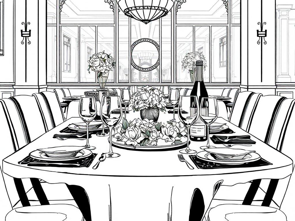 A high-quality illustration depicting an elegant dining table set for a Michelin-star meal, featuring gourmet dishes and fine wine glasses. The table should be adorned with beautiful tableware and fresh flowers, creating an atmosphere of luxury and indulgence. The background should be a softly lit upscale restaurant setting.