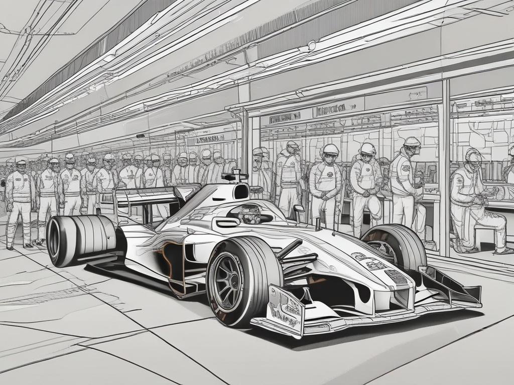 **Prompt for AI Image Generator:**

Create a high-quality black line drawing illustration that encapsulates the essence of behind-the-scenes experiences at a Formula 1 event. The scene should feature a single subject: a Formula 1 team garage. Capture the intricate details of the garage environment, showcasing high-tech racing cars surrounded by busy team mechanics in action, working meticulously on the machines.

In the background, illustrate the vibrant energy of the paddock area with glimpses of fans ming