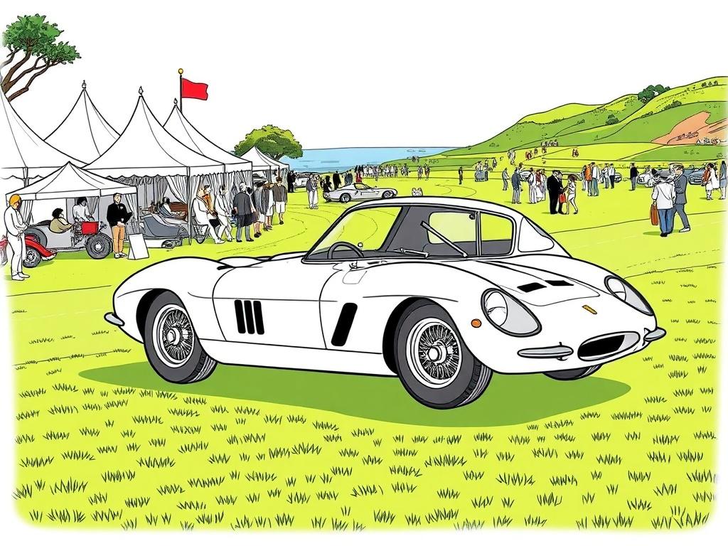 Create a high-quality illustration that captures the essence of a car enthusiast's dream bucket list. The composition should be simple and clear, featuring a single, majestic classic car at the center of the image, emblematic of the luxury and excitement of iconic car events. Choose a sleek, vintage sports car that radiates elegance and history, such as a Ferrari 250 GTO or a Jaguar E-Type, showcasing its stunning curves and details. 

The background should depict a vibrant scene of one of the featured icon
