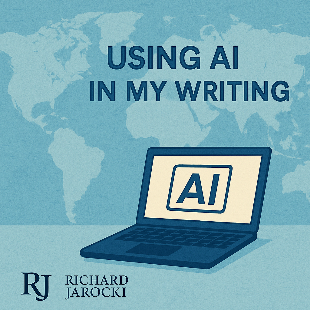 A minimalist digital graphic featuring a laptop with "AI" on the screen, a soft world map background, and the Richard Jarocki logo—highlighting the global use of AI in content creation.