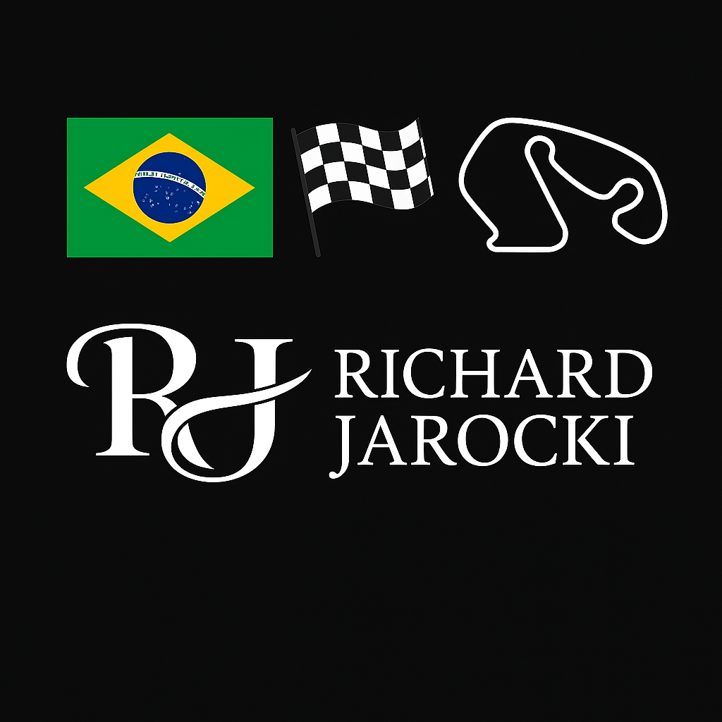 Richard Jarocki logo with Brazilian flag, checkered racing flag, and São Paulo F1 circuit outline on black background