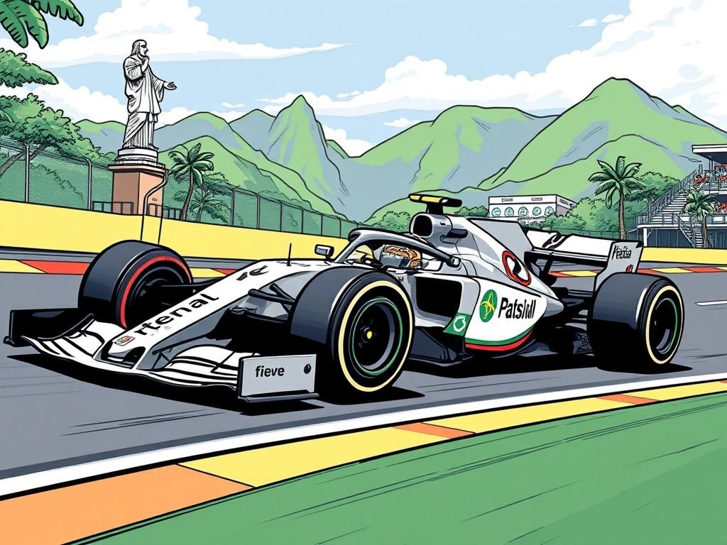 Create a high-quality illustration for a blog titled "Most Luxury Trips to Brazil Don’t Include This Much Horsepower." The composition should be simple and clear, focusing on a single, striking subject: a sleek and powerful Formula 1 racing car in action, set against a stylish, upscale backdrop that invokes the luxury experience of Brazil. 

The racing car should be shown in sharp detail, capturing its aerodynamic design, glossy finishes, and sponsor decals. Position it dynamically, as if soaring around a s