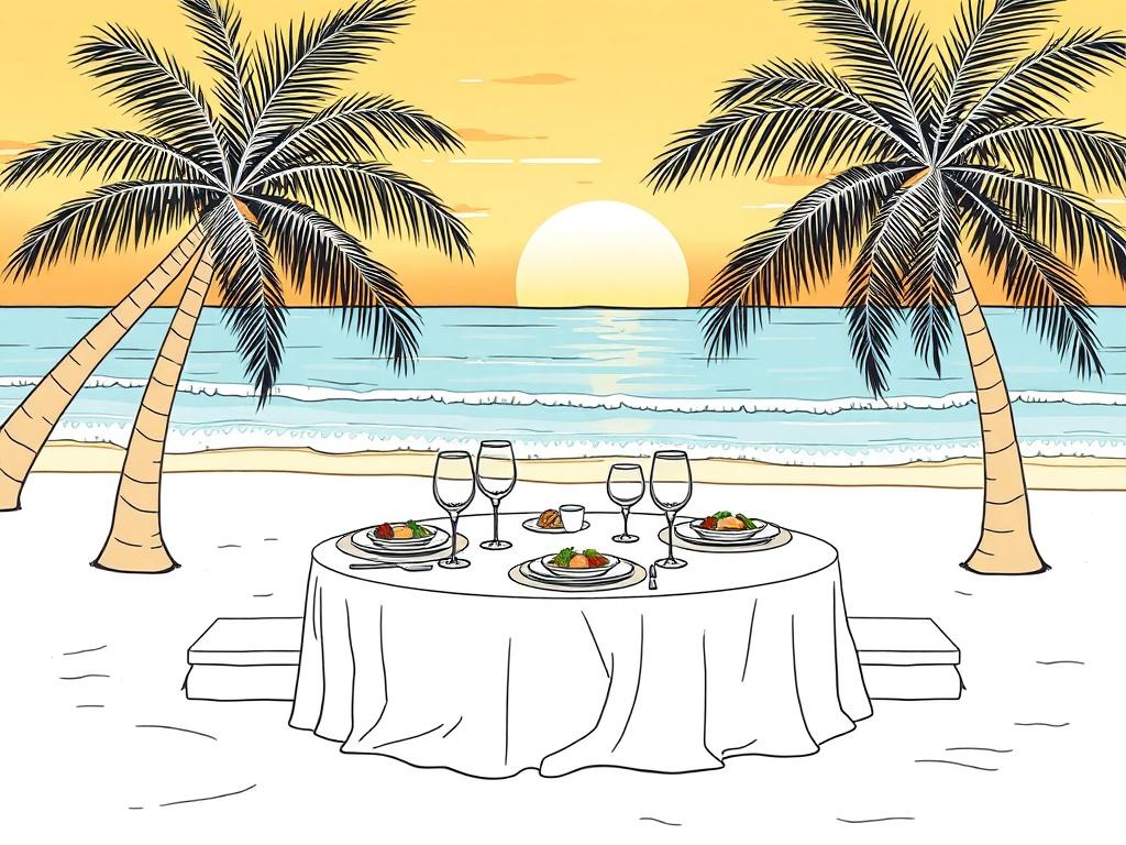 Create a high-quality illustration of a serene beach resort setting that epitomizes luxury beach vacations. The image should showcase a single, elegantly set dining table on the soft white sand, complete with fine china, crystal glassware, and exquisite dishes artfully arranged, representing gourmet dining. The background should feature a stunning sunset over the ocean, casting warm golden and orange tones on the scene, while gentle waves lap at the shore, adding a touch of tranquility. Lush palm trees shou