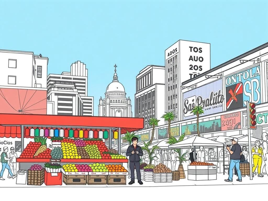 Create a high-quality illustration featuring a vibrant scene that captures the essence of São Paulo's culture during the F1 race. The subject of the illustration is a lively street market, bustling with energy and activity. In the foreground, showcase a vendor proudly displaying an array of colorful fruits, traditional Brazilian snacks, and handcrafted artisan goods, inviting passersby to explore the rich flavors of the region. 

The background should depict iconic São Paulo architecture, blending contempor