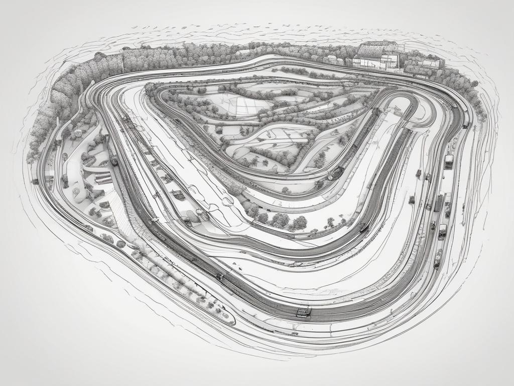 Create a highly detailed illustration featuring the renowned Hungarian Formula 1 track, the Hungaroring. The composition should be simple and clear, focusing on the track as the sole subject. The Hungaroring should be depicted from an aerial perspective to showcase its unique layout, with tight turns and elevation changes clearly visible. Surrounding the track, include lush greenery and rolling hills typical of the area, creating a scenic backdrop that highlights the natural beauty of Hungary.

Ensure the i