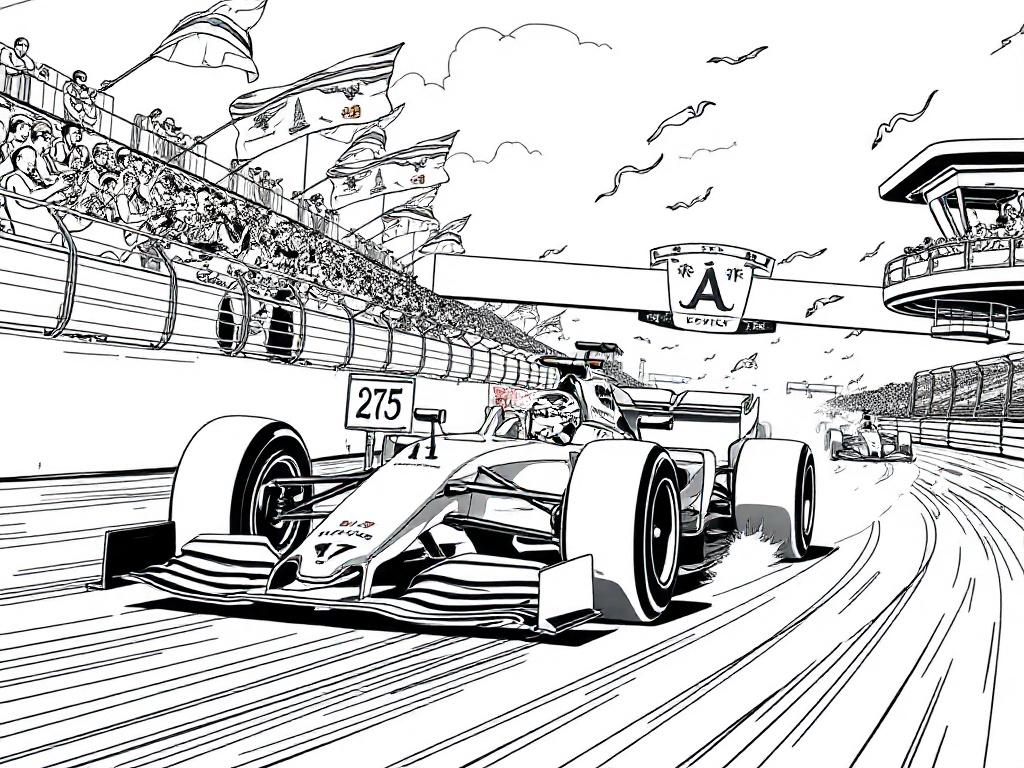 An exciting scene from a Formula 1 race, capturing the vibrant energy of the event with cars speeding on the track. The background features cheering crowds and colorful flags waving, embodying the thrill of motorsport. The illustration should focus on a dynamic moment, showcasing the sleek design of the race cars. A high-quality illustration in crisp black line drawing style.