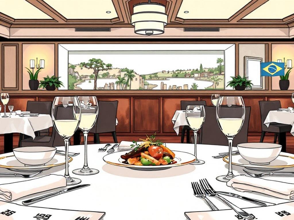 A luxurious dining table set in a Michelin-starred restaurant, elegantly arranged with fine china and crystal glasses. The background features a beautifully presented gourmet dish, showcasing vibrant colors and artistic plating. Soft, ambient lighting enhances the upscale atmosphere, while subtle touches of Brazilian decor add cultural depth. A high-quality illustration in crisp black line drawing style.