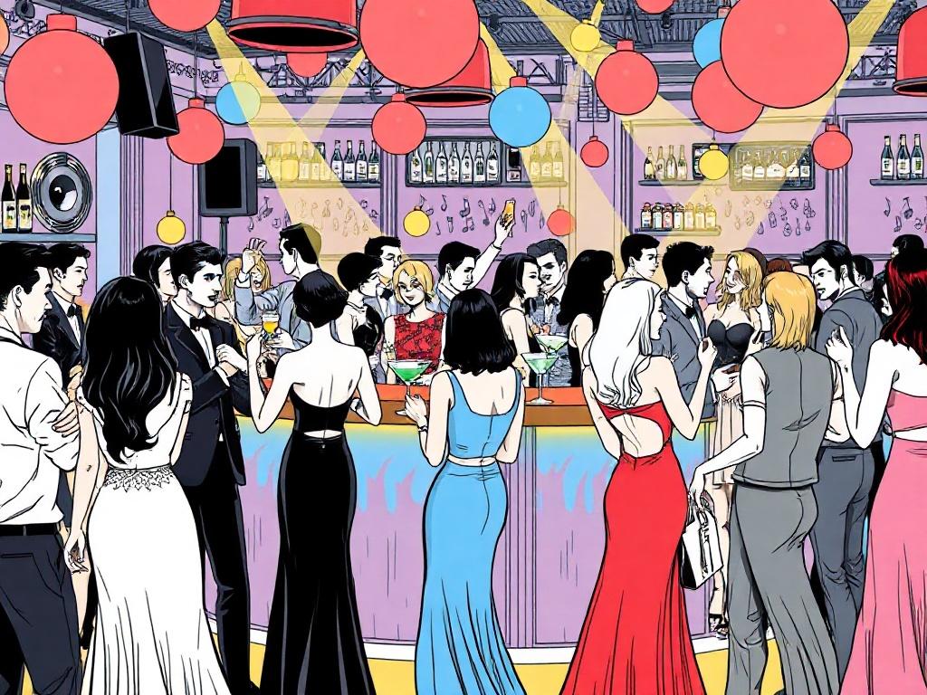 A lively afterparty scene featuring elegantly dressed guests enjoying music and dancing. The background showcases a stylish venue with colorful lights and a vibrant atmosphere. Bartenders are skillfully mixing cocktails, while a DJ booth animates the crowd. The illustration should capture the excitement and social energy of a luxurious party. A high-quality illustration in crisp black line drawing style.