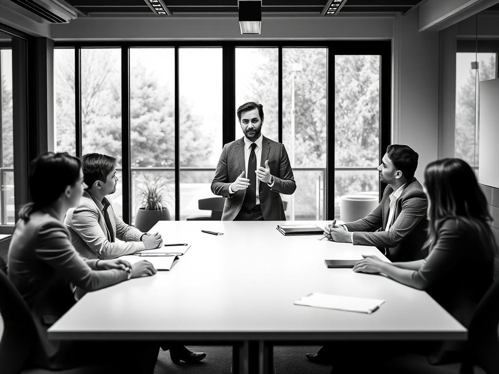 A realistic high-resolution black and white photo of a confident sales leader in a modern meeting room. The leader is mid-discussion, engaging with attentive colleagues around a sleek conference table. The background is a professional office setting with large windows letting in natural light, minimalistic decor, and a subtle hint of the primary color rgb(2, 86, 197) reflected in elements like a tie or a folder. The composition is simple and clear, focusing on the sales leader as the sole subject, conveying