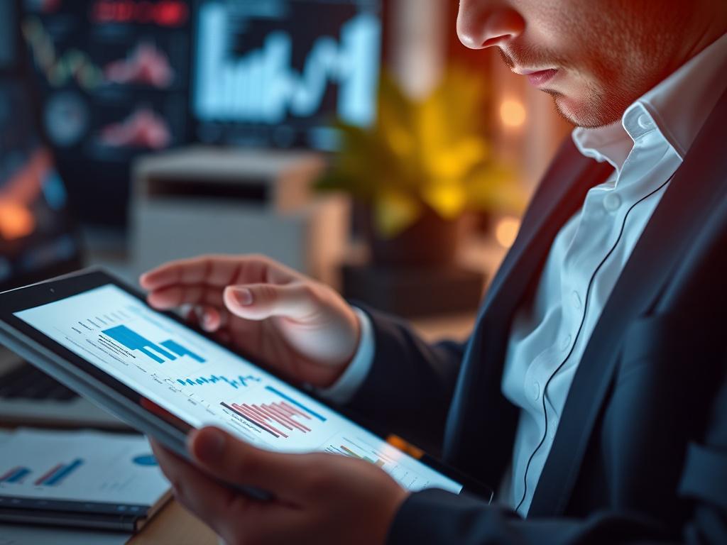 A detailed close up of a business strategist analyzing data