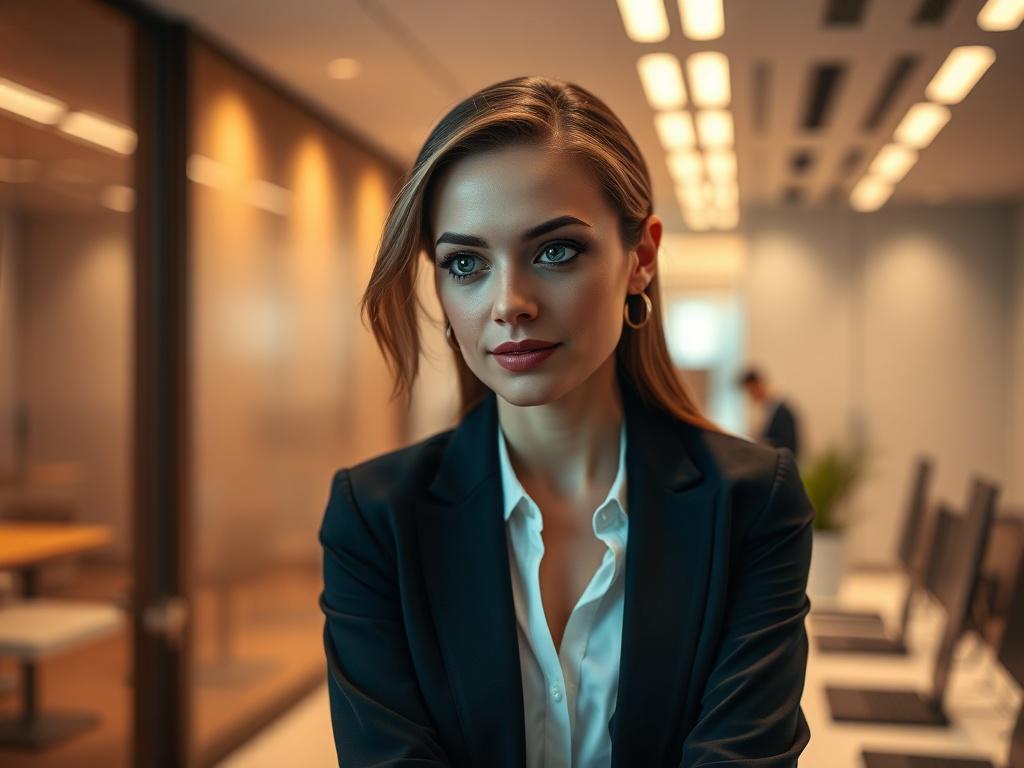 A hyper realistic close up of a focused executive woman