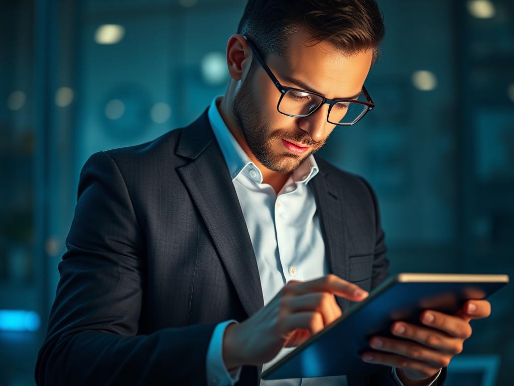 A hyper realistic close up of a focused marketing executive