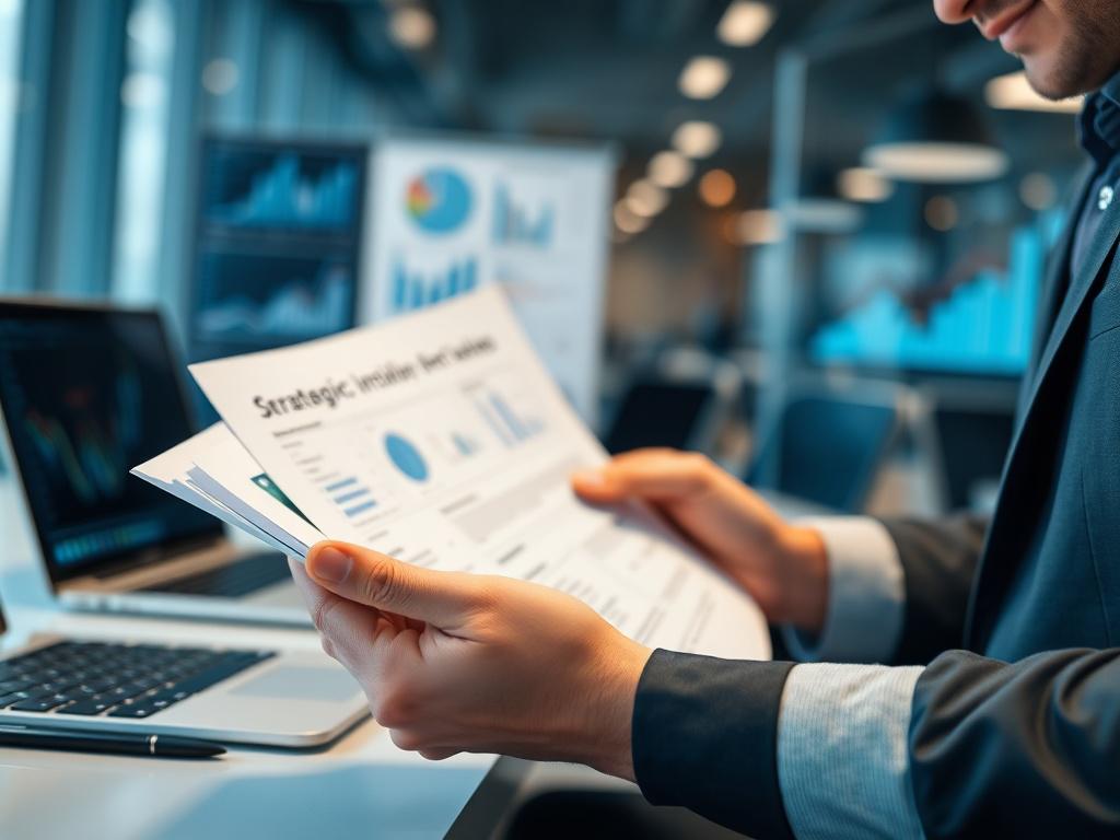 A close up shot of a professional executive reviewing strategic