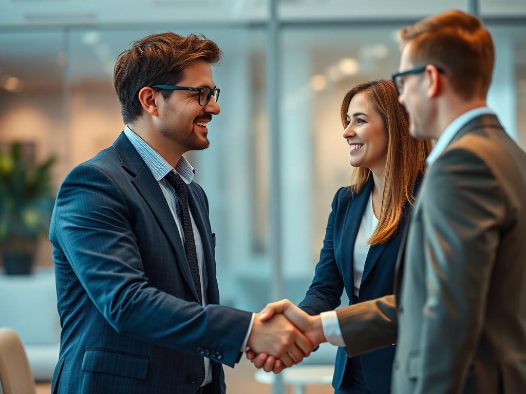A hyper-realistic close-up shot of a confident business executive shaking hands with a new employee during onboarding, symbolizing successful recruitment and integration. The image is captured with a 45mm f/1.2 lens style, focusing sharply on the handshake and expressions of professionalism and trust. The background is softly blurred with hints of an office environment in blue tones matching rgb(2, 86, 197).