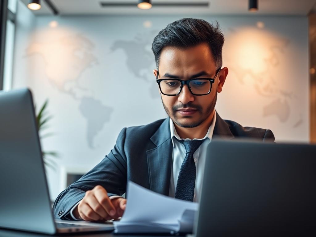 A professional consultant in a modern office setting, focused on