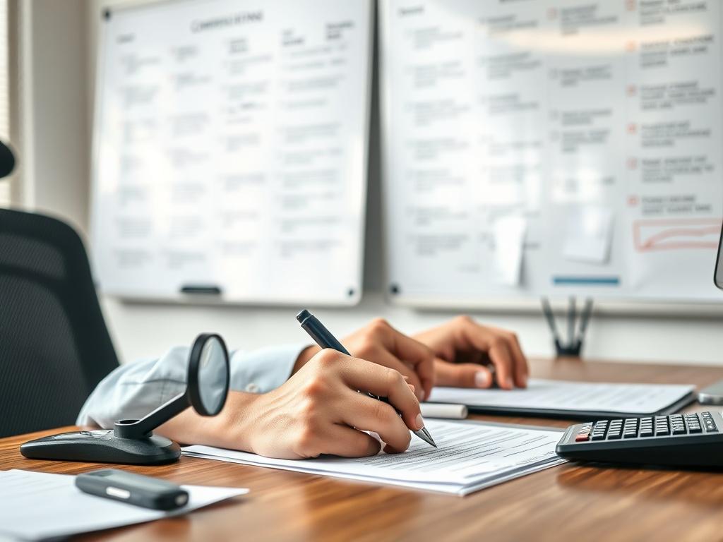 A close up shot of a compliance officer reviewing documents