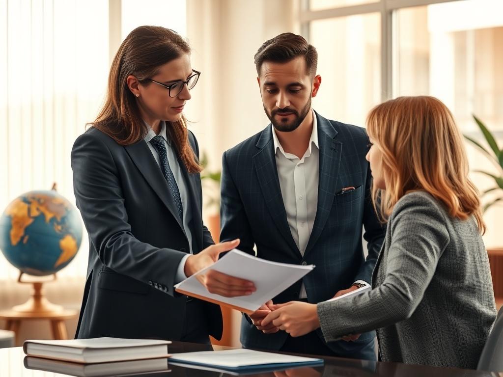 A professional consultant discussing immigration options with a client, in an office setting with legal documents and a globe in the background. The image should convey a sense of guidance and professionalism, with warm lighting and a focus on the interaction between the consultant and the client.
