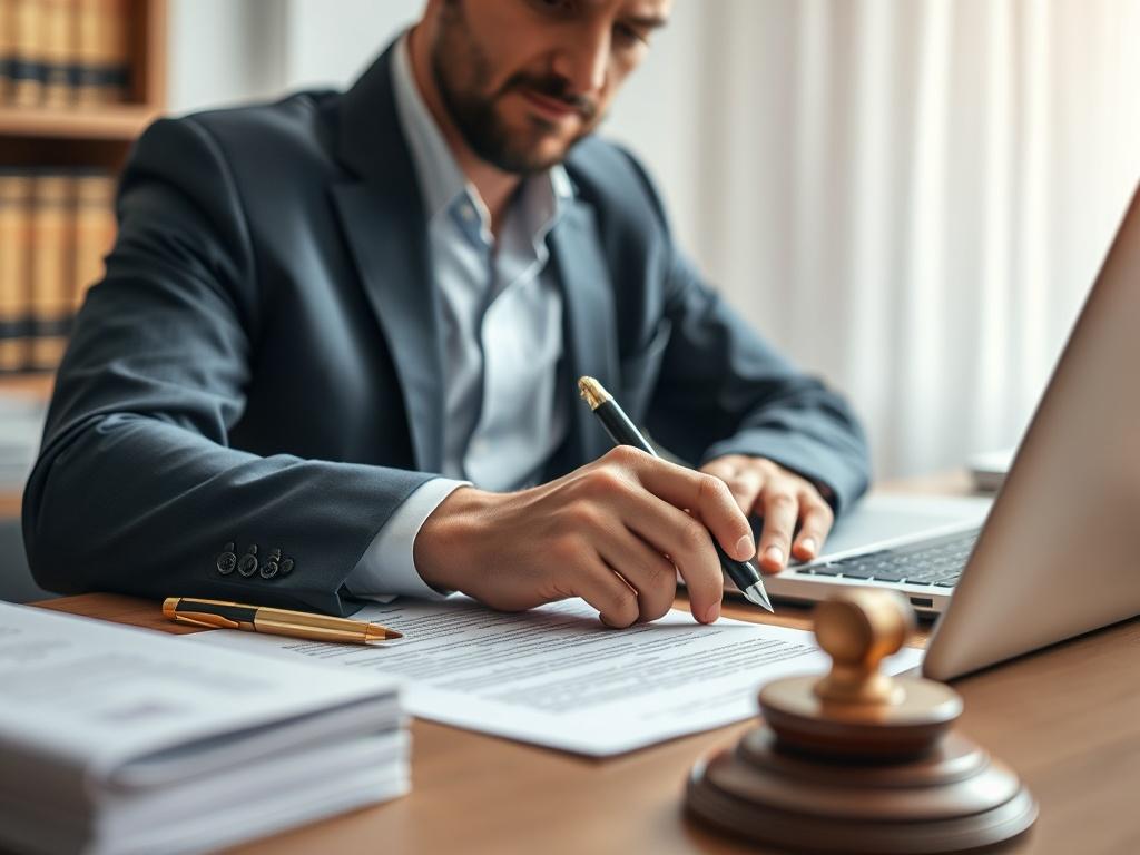 A focused shot of a legal consultant drafting a contract at a desk, surrounded by legal books and a laptop. The image should emphasize the seriousness of legal work, with soft lighting and an organized workspace.