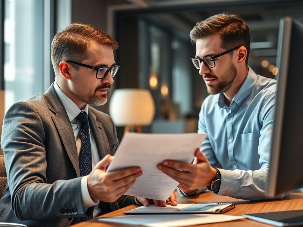 A close-up of a business consultant reviewing documents with a client, showcasing a modern office environment. The image should highlight the professional exchange of ideas, with a focus on the documents and a computer screen displaying business plans.