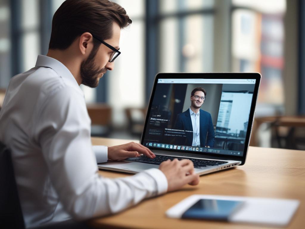 A close-up shot of a professional individual typing on a laptop, engaged in sending a LinkedIn message. The background is softly blurred to emphasize the subject, with a warm, inviting office environment. The individual is dressed in business casual attire, showcasing a friendly and approachable demeanor. The lighting is natural, enhancing the hyper-realistic detail of the scene, particularly the focused expression on their face as they communicate professionally. The overall color scheme should harmonize w