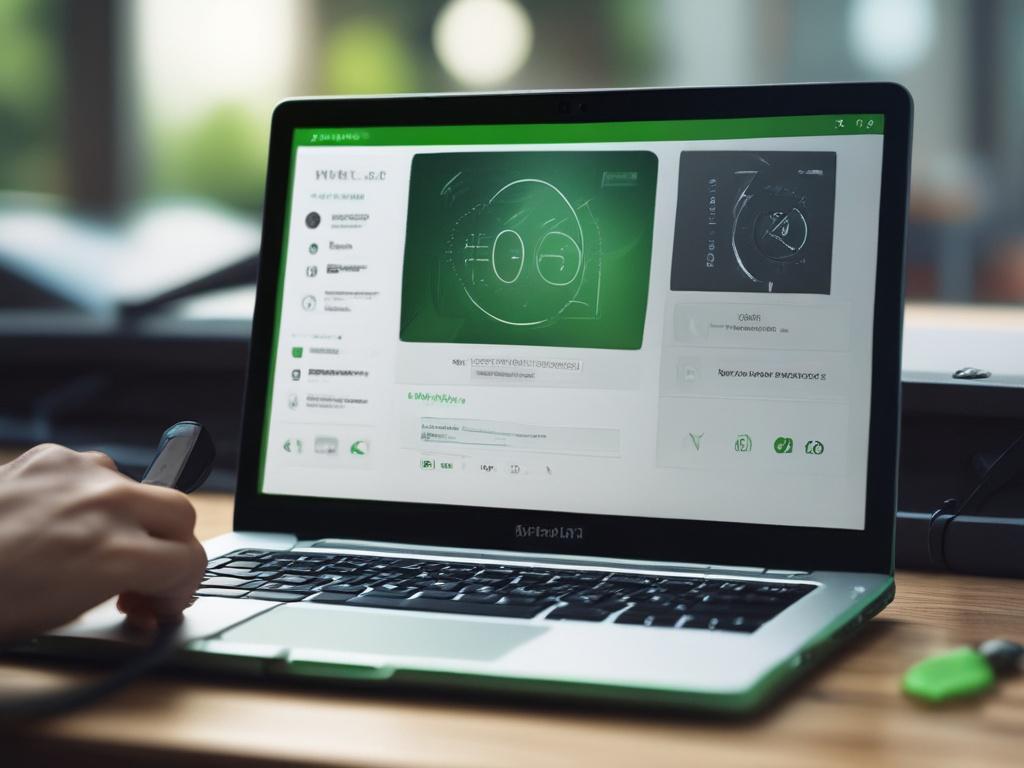 A high-resolution close-up shot of a laptop displaying the AutoJobPilot Basic interface. The screen shows a simplified application process, with vibrant green highlights matching the primary color rgb(50, 170, 39). The background is softly blurred to emphasize the laptop, creating a professional and inviting atmosphere.
