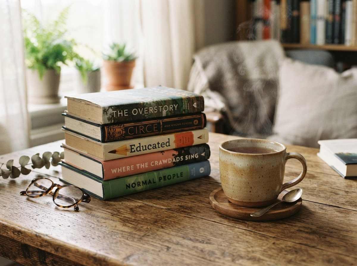 An open Litleaf subscription box with loose leaf tea tins, a hardcover novel, and a handwritten note