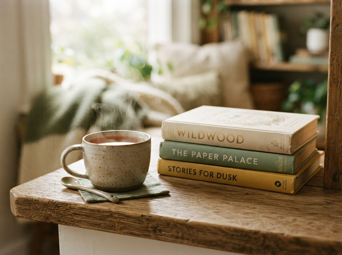 A steaming cup of amber tea beside a stack of hardcover books in a reading nook