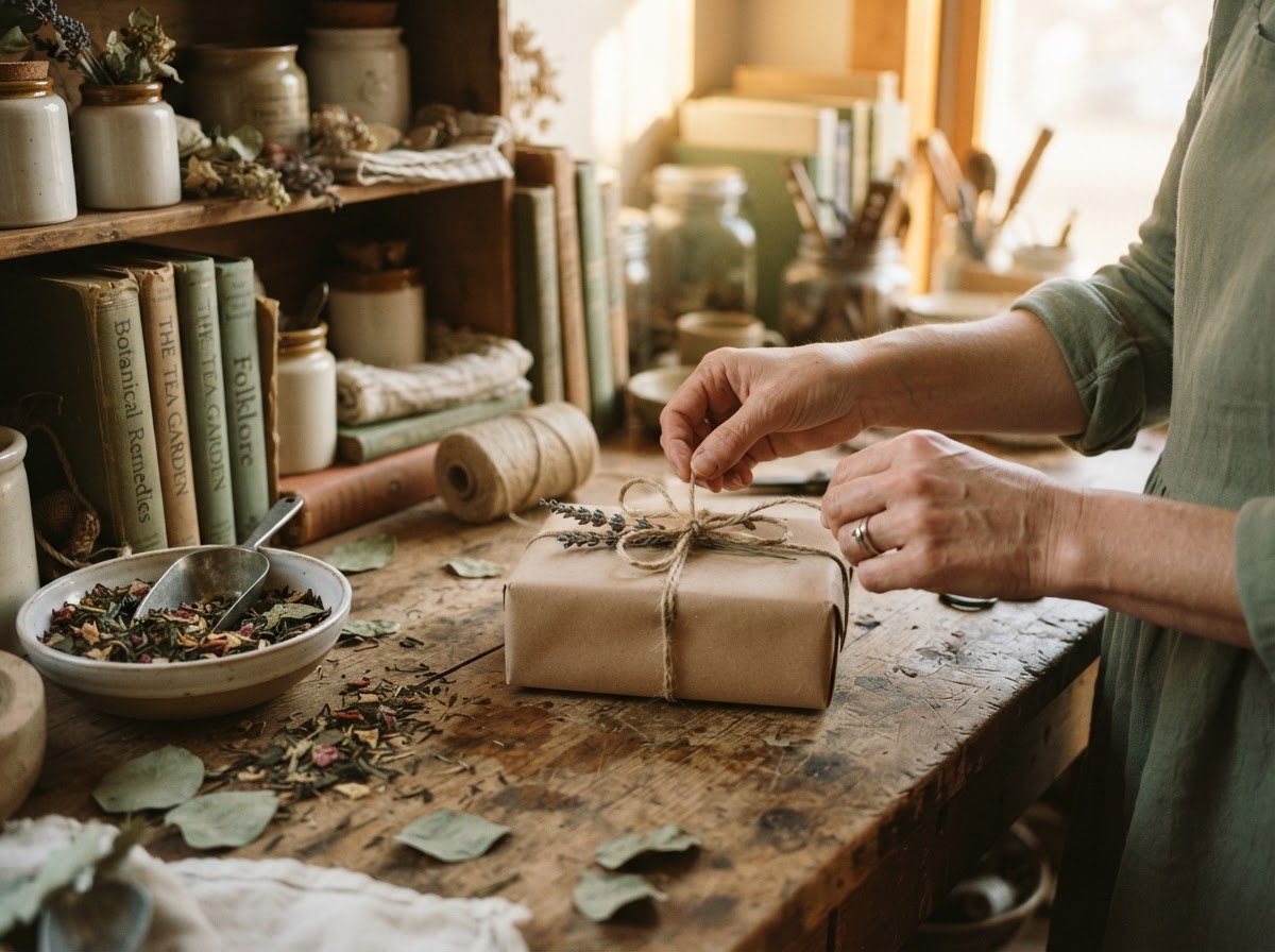 Hands wrapping a Litleaf gift box with kraft paper and twine in a workshop surrounded by books and dried tea