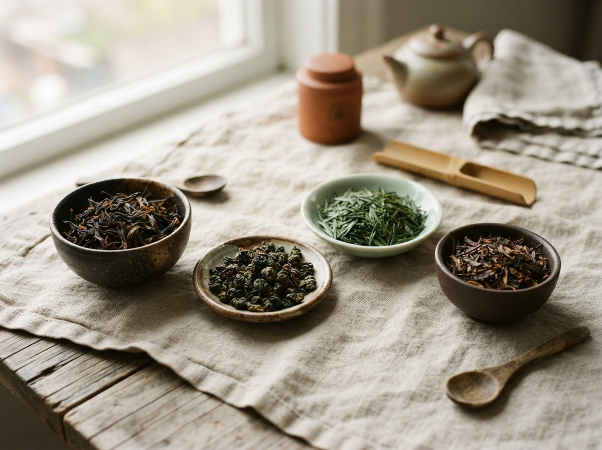 Assorted loose leaf teas arranged in small ceramic dishes on a linen surface