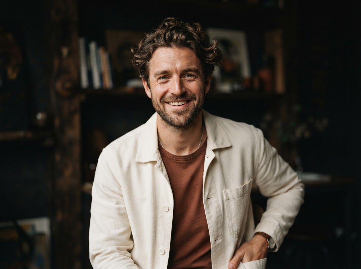 Lewis Grant, client operations manager, in a cream chore jacket