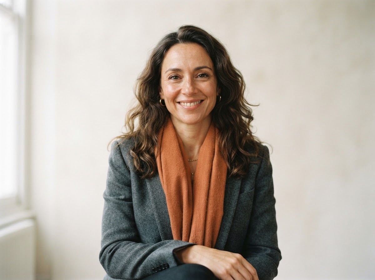 Sofia Bennett, research and service design lead, in a burnt orange scarf