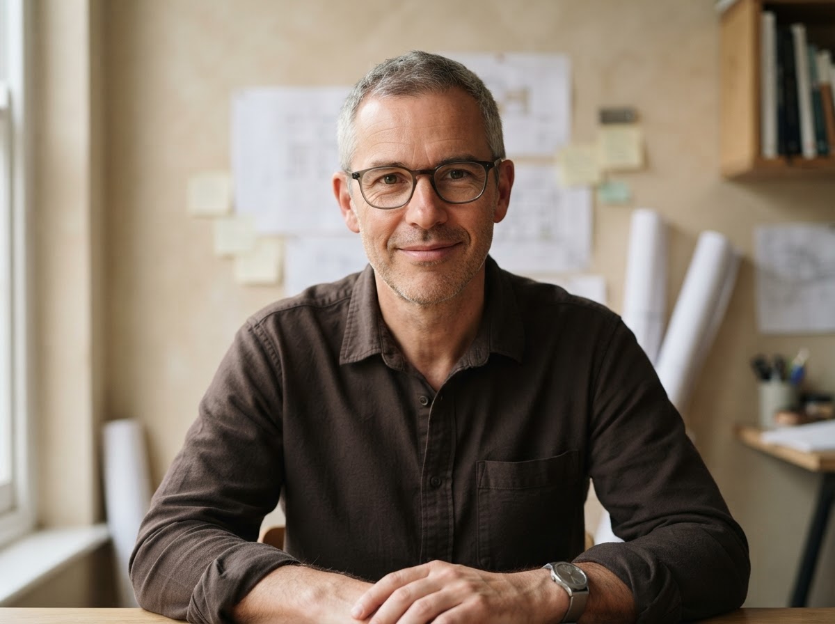 Thomas Reed, software architecture lead, wearing glasses in the studio
