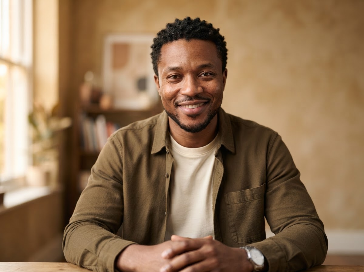 Daniel Okoye, senior full-stack engineer, in a warm studio portrait