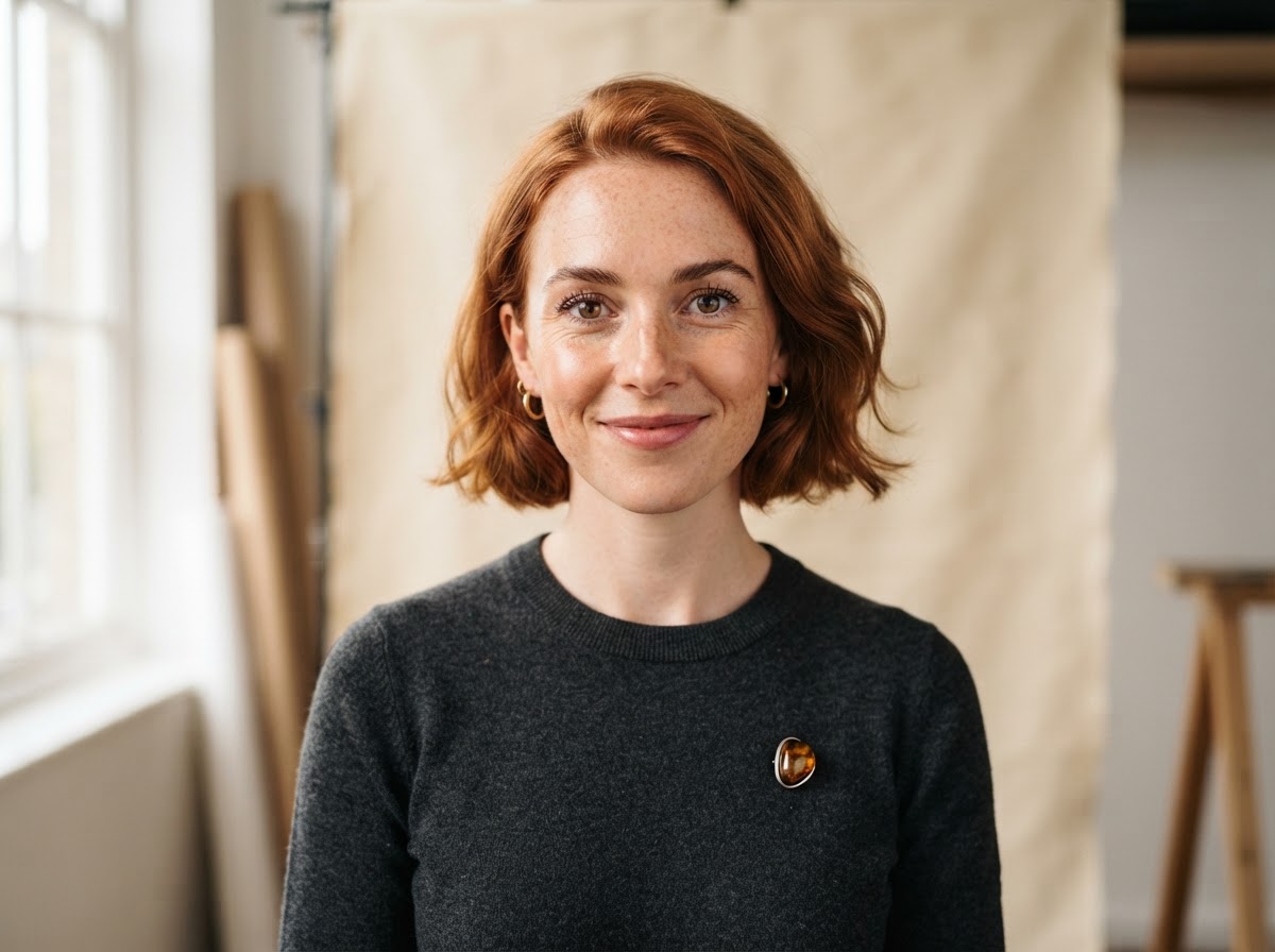 Harriet Collins, design systems specialist, with short copper hair and freckles