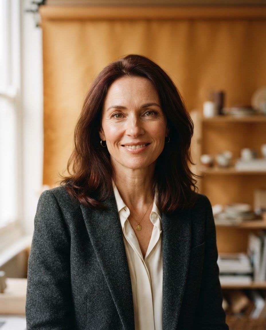 Eleanor Price, founder, in a charcoal jacket in the warm Morrowline studio