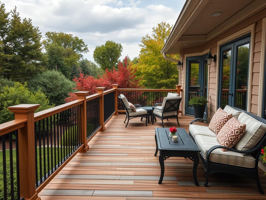 A stunning custom deck overlooking a lush garden, featuring elegant