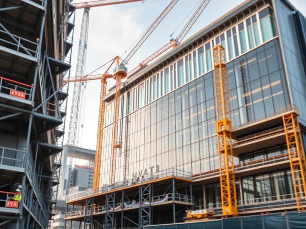 An impressive commercial building under construction, showcasing scaffolding, construction workers,