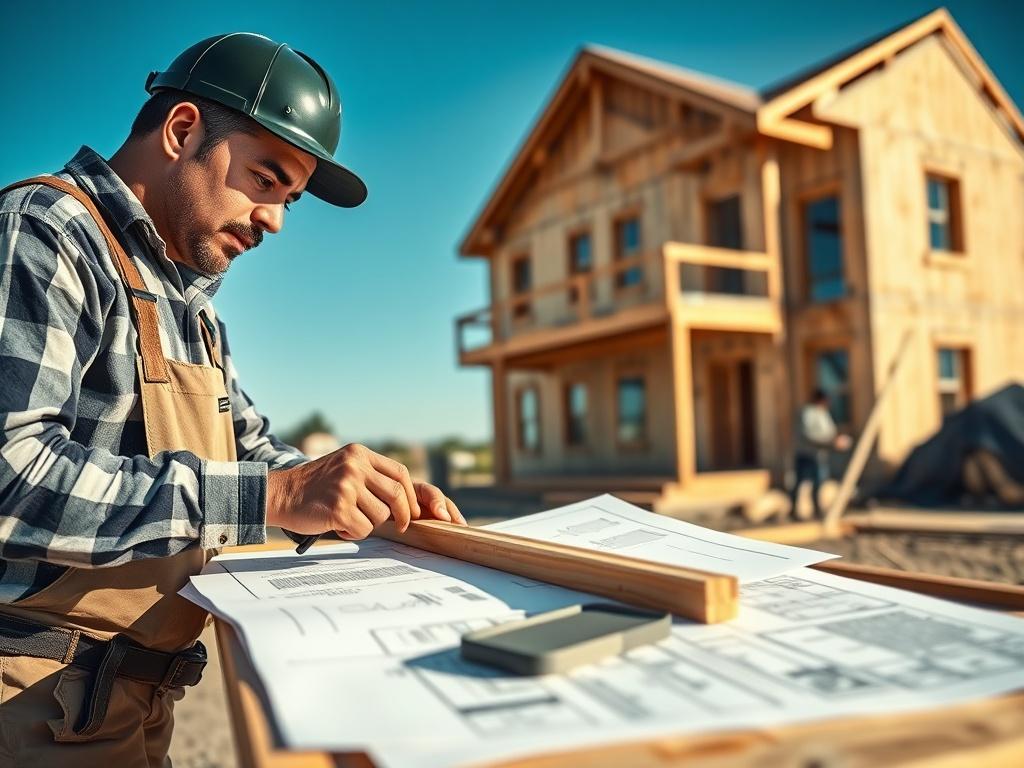 A close-up shot of a construction worker carefully measuring wood on a building site, with blueprints spread out on a table nearby. The background features a partially constructed home, with clear blue skies above. The image should be realistic and high-resolution, showcasing the detailed tools and materials used in new construction, with a focus on the worker's concentration and precision.