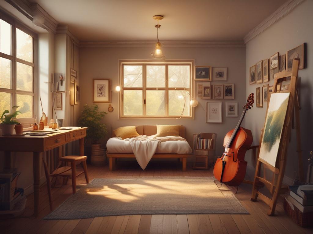 A cozy, inviting workshop space filled with art supplies, musical