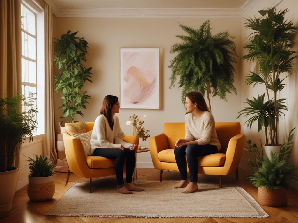 A serene coaching session taking place in a comfortable, softly