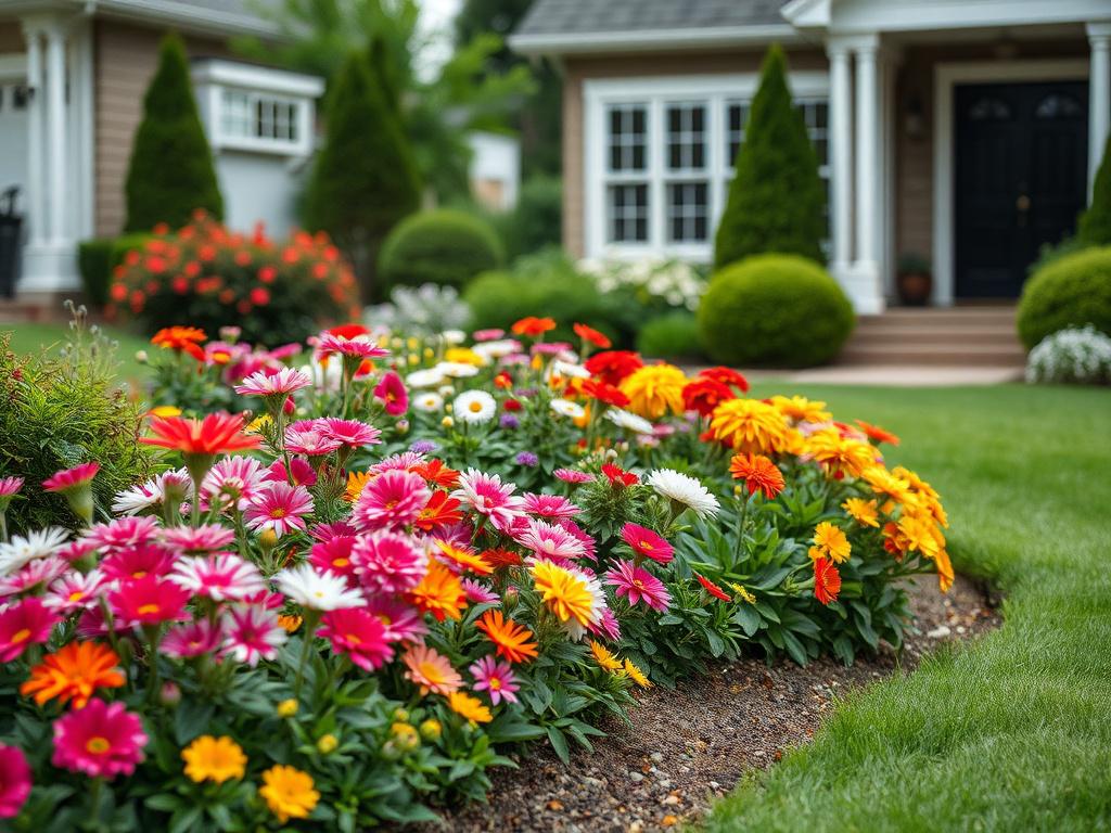 A beautifully designed residential landscape featuring lush greenery, colorful flower beds, and a well-maintained lawn. The image should focus on a close-up of a vibrant flower bed with a variety of blooms, showcasing their rich colors and textures. The background should softly blur to emphasize the flowers, capturing the essence of a well-crafted outdoor space. The composition should be simple and clear, highlighting the beauty of the plants.