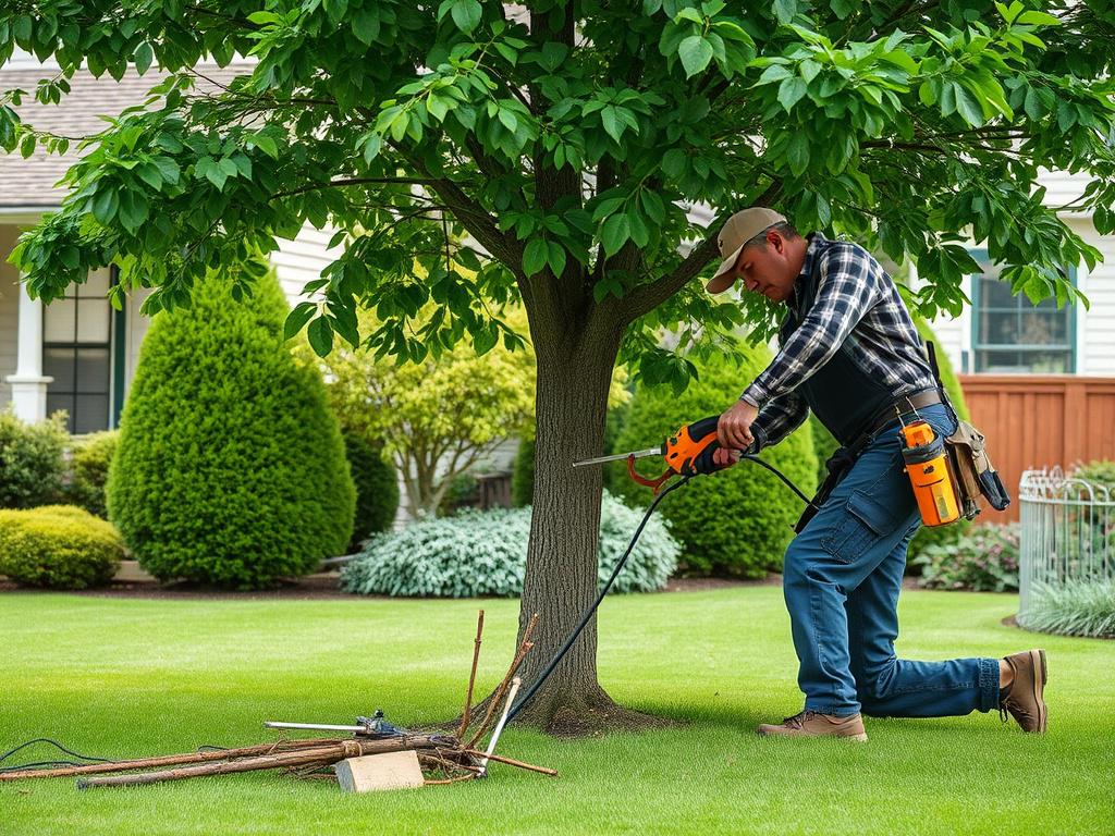A skilled arborist carefully pruning a healthy tree in a residential yard. The image should focus on the arborist using professional equipment, with cut branches on the ground. The tree should appear lush and vibrant, showcasing its health and beauty. The background should feature a well-kept lawn and other greenery, illustrating a well-maintained landscape. The composition should be simple and clear, highlighting the importance of professional tree care.